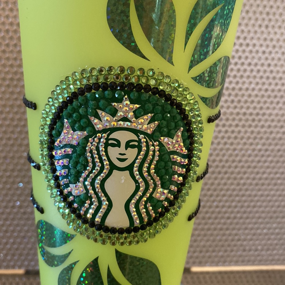 Starbucks Neon Green Rhinestone Logo Tumbler with Leaf Design - Picture 4 of 8